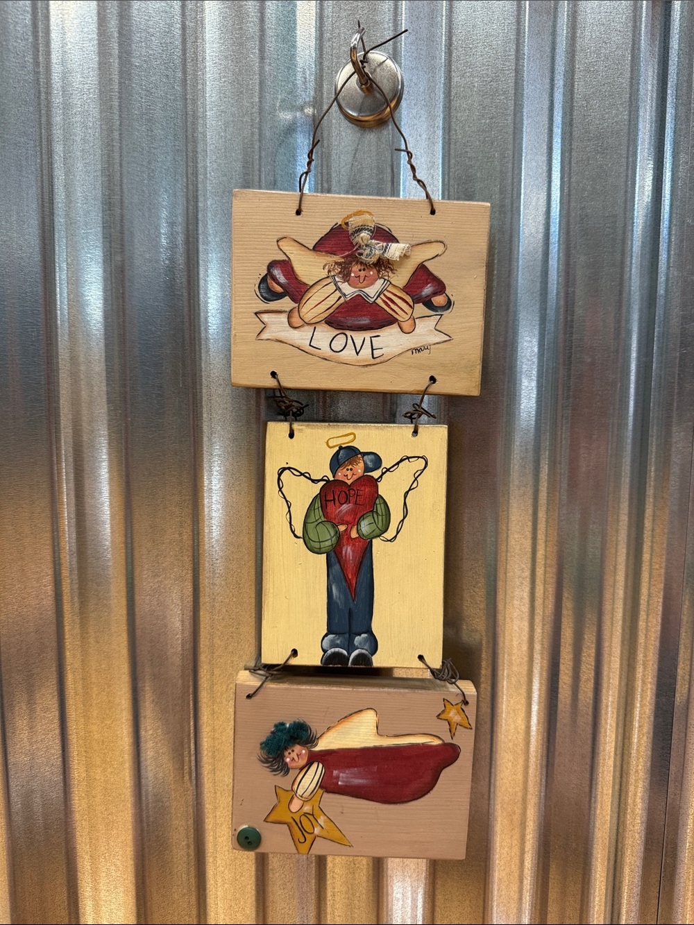 Rustic Vintage Handpainted Wooden Angel Trio Wall Hanging - Love Hope Joy